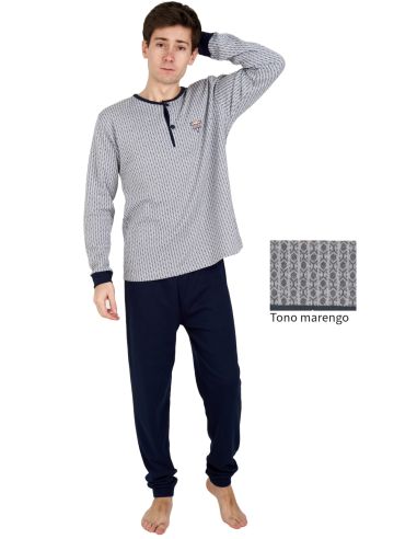 Pijama de punto invierno con interior perchado para hombre. Tono marino.