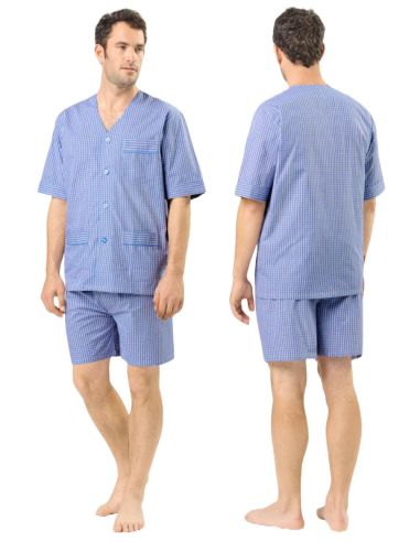 Pijama corto de tela 100% algodón para hombre. Azul cuadros.