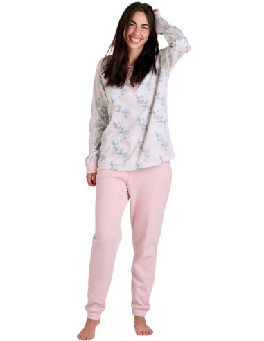 Pijama de punto invierno con interior perchado para mujer. Color rosa.