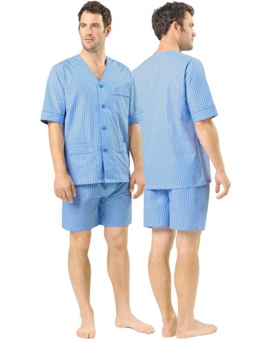 Pijama corto de tela 100% algodón para hombre. Azul cuadros.